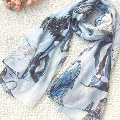 Sky Blue begonia flower ink Long cotton neck scarf shawl.gif