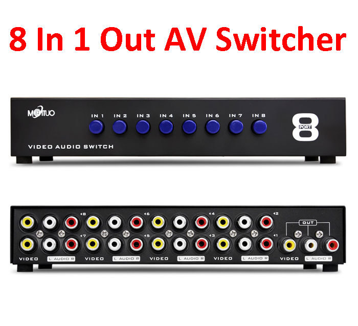 8-Way Composite Video Audio 3 RCA AV Switcher Box Selector 8 In 1 Out for HDTV