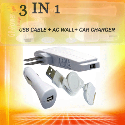 3 In 1 Usb Cable+ Ac Wall+ Car Charger For Apple Ipod Iphone 3g