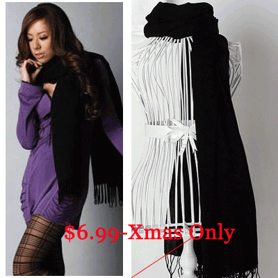 Black Pashmina Cashmere Wool Silk Shawl Scarf Wrap