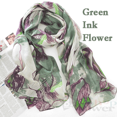 Celebrity Green Begonia Flower Ink Long Cotton Neck Scarf Shawl
